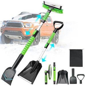 43.3'' Snow Shovel & Snow Brush with Ice Scrapers for Car Windshield,5-in-1 Extendable Thicken Aluminum Tube,180° Pivoting Brush Head & Foam Grip for Christmas, Cars, Trucks, SUVs, Vehicle(Green