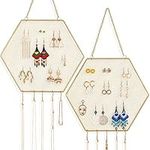 GMPAJHL 2 pack Wall Earring Organizer Hanging Earring Holder Wall Jewelry Organizer Decorative Hexagon Earring Organizer for Earrings, Necklaces, Bracelets with Hanging Hooks (Gold)