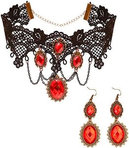 Skeleteen Gothic Vampire Jewelry Set - Black Lace Choker with Red Rhinestone Earrings Pirate Costume Accessories Set for Women and Girls, One Size, Rhinestone