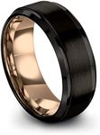 (12) - Tungsten Wedding Band Ring 8mm for Men Women Black & 18K Rose Gold Plated Bevelled Brushed Polished