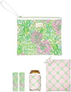 Lilly Pulitzer Water Resistant Vinyl Beach Day Pouch, Zipper Bag Includes Drink Hugger, Small Pouch, and Towel Clips, Lime Feeling Good