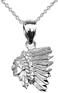 Elegant Native American Chief Head Pendant Necklace in Sterling Silver, 20" chain