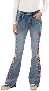 ZENTHACE Embroidered Bell Bottom Jeans for Women Mid Rise Casual Stretch Wide Leg Flared Denim Pants Floral Light Blue 16