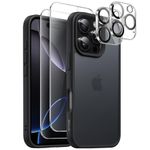 JETech 5 in 1 Matte Case for iPhone 16 Pro 6.3-Inch with 2-Pack Each Tempered Glass Screen Protector and Camera Lens Protector, Translucent Back Shockproof Phone Cover (Black)