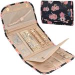 PAVILIA Jewelry Roll Travel Organizer Bag, Foldable Jewelry Case Pouch for Earrings, Rings, Necklaces, Bracelets, Tangle-Free Compartments Clear Pockets Folding Envelope (Floral Black)
