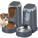 Automatic Cat Dog Feeder and Water Dispenser with Stainless Steel Bowl Food Feeder and Waterer for Small Medium Pets Puppy Kitten 1 Gallon x 2 (Dark Grey)