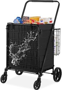 VEVOR Folding Shopping Cart with Removable Waterproof Liner, 330LBS Large Capacity Jumbo Grocery Cart with Dual Basket, 360° Swivel Wheels, Dense Metal Mesh Base, Heavy Duty Utility Cart for Shopping