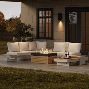 homary Patio Conversation Sets with Fire Pit-Modular Outdoor Sofa Aluminum & Teak Outdoor Sofa Se with Glass Wind Guard Ideal for Patios & Balconies, Light Gray