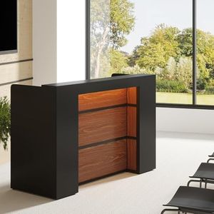 Tribesigns 63-Inch Lectern Podium Stand with LED Lights, Modern Conference Podium Table Wood Teacher Speaker Desk Hostess Stand with Storage for Church Office School Restaurant Meeting (Black+Brown)