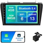 4+64G Android 13 Double Din Car Stereo for Mazda 3 2004-2009 with 9-Inch Touchscreen Radio Built-in Wireless Carplay/Android Auto/GPS/Bluetooth/FM/AUX-in/Steering Wheel Controls/Backup Camera