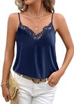 Ekouaer Women's Satin Camisole Lace Silk Satin Pajama Tank Tops V Neck Soft Spaghetti Strap Loose Sleepwear Navy Blue S