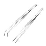 Cyimi Kitchen Tweezers Stainless Steel 8 Inch Long Tweezers Tongs, Heavy Duty Large Food Tweezers with Precision Serrated Tips for Cooking and Medical (8" Straight+Curved)