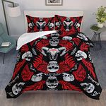 AILONEN Skull Comforter Set Full Size, Red Wings Death Rock Skull Bedding Set,Bedroom Decor Bullhorn Skeleton Luxurious Quilt Set for Boys 3Pcs(1 Comforter + 2 Pillowcases)