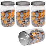 Mczxon Small Coin Bank Jars 4-Pack, 16oz Clear Plastic Coin Money Tip Coin Jars with Silver Slotted Lids, Small Clear Plastic Coin Money Piggy Banks Mason Jars for Adults Teens Kids Girls Boys