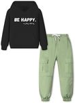 Betusline Cute Outfits for Girls, Hooded Crop Top + Jogger Sweatsuits Sets, 4-14 Years, A Blcak Letter+green, 7-8 Years