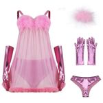 AYYOHON Fembot Costume Dress Women's Sexy Robot Dress Feather Lingerie Set Pink Nightdress with Gloves Headpiece XL