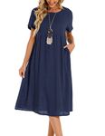 Lpecmin Womens Summer Dresses Casual Short Sleeve Round Neck Midi A Line Cotton Linen Sundress with Pockets(Navy, Large)