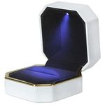 AVESON Luxury Ring Box, Square Velvet Ring Holder Case Jewellery Organiser Storage Gift Box with LED Light for Proposal Engagement Wedding, White