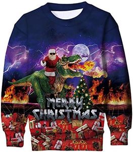 Enlifety Christmas Sweater for Kids Size 6 7 Boys Fire Dinosaur Pullover Funny Santa Claus Ugly Xams Sweatshirts Long Sleeve Jumper Holiday Shirts