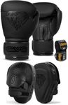 EVO Fitness Matte Boxing Pads and Gloves Set Target Focus Pads Mitts and Boxing Gloves Hook and Jab Training Sparring MMA Martial Arts Muay Thai Kickboxing Karate (Black, Deal with 14 OZ Gloves)