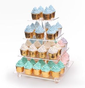 4 Tier Clear Cupcake Stand with Gold LED String Lights, Acrylic Cupcake Display Holder for Weddings, Birthday, Anniversary, Party Events