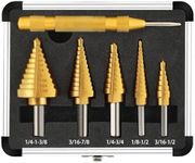 COMOWARE Step Drill Bit Set 5-Piece Titanium-Coated with Automatic Center Punch HSS- Covering 50 Sizes, Complete with Aluminum Case