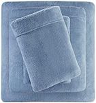 Sleep Philosophy True North Soloft Plush Bed Sheet Set, Wrinkle Resistant, Warm, Soft Fleece Sheets with 14" Deep Pocket Cold Season Cozy Bedding-Set, Matching Pillow Case, Queen, Blue, 4 Piece