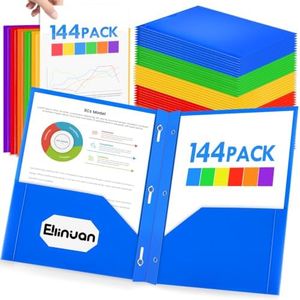 Ellinjan 144 Pack Plastic Folders with Pockets and Prongs, Clear Front 2 Pocket Folders with Brads, Heavy Duty Bulk Folders in 6 Colors, Letter Size for School and Office Supplies