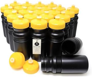 Rolling Sands 20 oz. Bulk Water Bottles 24 Pack, Made in USA, BPA-Free, Reusable Dishwasher Safe Plastic Sports Bottle with Easy Open Pull Top Cap for Adults and Kids, Black Bottles/Yellow Lids