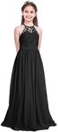 TiaoBug Girls Halter Neck Lace Chiffon Flower Dress Wedding Bridesmaid Pageant Party Prom Ball Maxi Gown Black 12