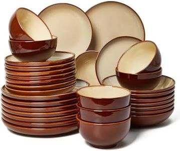 Pokini 32 Piece Double Bowl Dinnerware Sets with Pasta Bowls, Highly Chip and Crack Resistant Plates and Bowls Sets, Natural Earthyware Ceramic Dishware Sets, Service for 8 Brown Yellow