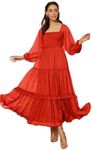 Nomi Indy Made Women's Georgette Floral Square Neck Polka Dot Full Sleeve Long Maxi Dress for Office, Party Red M