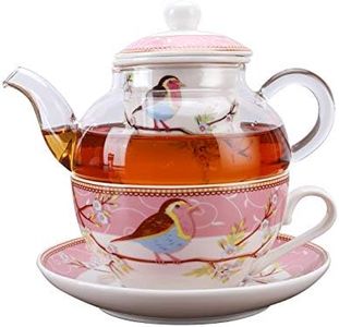 fanquare Servizio da tè per Una Persona con Uccelli e Fiori Pettirosso Rosa, Tazza da tè in Ceramica e Piattino con Teiera in Vetro