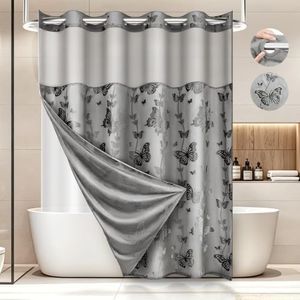 FADOTY No Hook Shower Curtain Snap in Liner Set with Grey Butterfly Design
