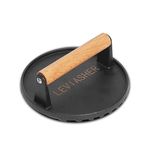 LEVIASHER 2.2lbs Heavy-Duty Griddle Press for Bacon Burger Steak Meat Paninis Burger Bacon Vegetables, Cast Iron BBQ Grill Press for Weber Blackstone Camp, Food Press for Cooking Round Wood Handle