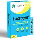 VELBIOM Lactogut Probiotics Supplement for Immunity and Digestive Health, Gut Health Multi Strain and Site-Specific Pre-Probiotic Formula Helps in IBS and IBD - 30 Capsules