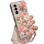 Changjia for Samsung Galaxy A15 5G Glitter Bling Case,Cute Luxury 3D Sparkle Crystal Rhinestone Flowers Diamond Pearl with Lanyard Wrist Strap Women Girls Phone Case for Galaxy A15 5G 6.5Inch (Pink)