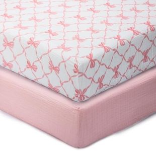 LollyBanks Muslin Crib Sheets 2 Pack, Soft and Breathable 100% Cotton Crib Fitted Sheets for Girls, Cozy and Snug Baby Sheet for Standard 52"x28" Mattress, Registry (Pink Bow and Solid Pink)