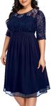 Pinup Fashion Plus Size Cocktail Dresses for Women Navy Blue Lace Chiffon Wedding Bridesmaid Evening Formal Midi Dress Sweetheart Neck