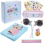 Brightzen Cute Owl Stationery Set – Owl Fur Notebook, Pencil Case, Pom Pens, Pastel Pencils, Eraser and Stickers with Gift Box, for girls boys age 4 5 6 7 8 9 10 11