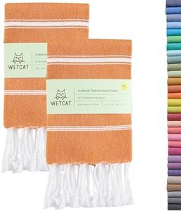 WETCAT Turkish Hand Towels with Hanging Loop (20 x 30) - Set of 2, 100% Cotton, Soft - Pre Washed Boho Farmhouse Kitchen Towels - Unique Decorative Hand Towels for Bathroom (Burnt Orange)