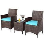 COSTWAY 3 Pieces Patio Rattan Furniture Set, Outdoor Wicker Cushioned Sofa with Tempered Glass Tabletop, Rattan Conversation Set for Porch Yard Balcony Backyard Pool, Turquoise