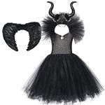 Girls Princess Maleficent Costume Fancy Evil Queen Dress Up Handmade Tulle Dress with Horn Wings Devil Witch Halloween Cosplay Outfit Black