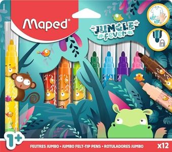 Maped – Feutre de coloriage premier âge – Feutre enfant dès 1 an – Feutres maxi – Feutres décorés – Pointe sécurisée et bloquée – Encre lavable à l’eau - Boite de 12 feutres