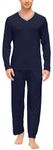 MoFiz Mens Pyjamas Set Loungewear Plain Long Sleeves V-Neck T-Shirt & Trousers Pajama Pjs Set Nightwear Sleepwear Navy Size 2XL