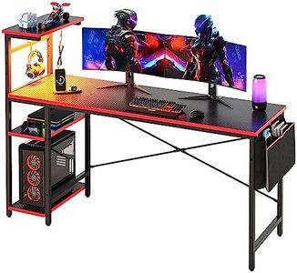 Bestier 61 Inch Gaming Desk with LED Lights, Reversible Shelves, Height Adjustable Shelf, Steel Frame, CARB P2 Class Board, Black Grained