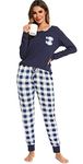 Vlazom Pyjamas Set for Women, Soft Two Pieces Pj's Sets Long Sleeve Tops and Plaid Pants Sleepwear with Pockets Blue, M