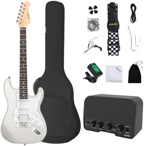 AODSK Electric Guitar with Amp Beginner Kit 39 Inch Solid Body Full Size,All Accessories,Digital Tuner,Six Strings,Four Picks,Tremolo Bar,Strap,Gig Bag,Starter kit (White-HSS)