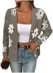 SHENHE Women's Floral Print Button Down Cardigan V Neck Drop Shoulder Knit Outerwear Dark Grey Medium