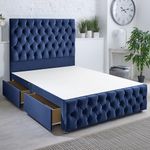 ComfoRest - Elegant 4FT6 Double Divan Bed Base with Headboard and 2 Drawers – Durable Divan Double Bed Base with Storage – Practical Double Bed Frame for a Modern, Organised Bedroom (Blue Plush)